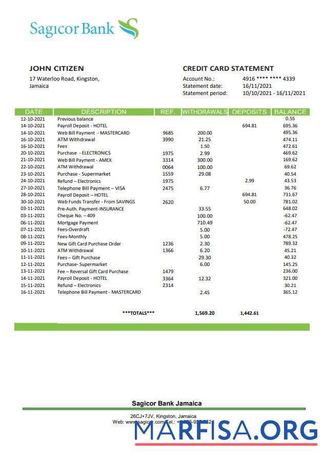 Realistic Jamaica Sagicor bank statement word sample